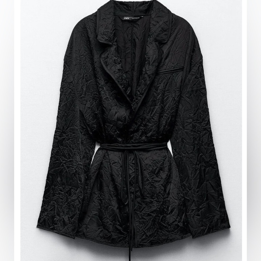 New-ZARA WOMAN COLLARED CREASED SATIN WRAP KIMONO BELT BLACK